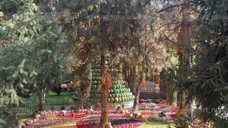 Картины из фруктов и овощей, пирамиды из арбузов с дынями — так встретили Путина в резиденции Рахмона в Душанбе, где лидеры проводят переговоры