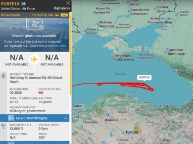 Над Чёрным морем, южнее Крыма, зафиксирован полёт американского разведывательного беспилотника RQ-4B Global Hawk с позывным «FORTE10»