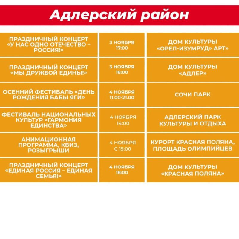 Ко Дню народного единства в Сочи подготовлена обширная программа мероприятий Ко Дню народного единства в Сочи подготовлена обширная программа мероприятий