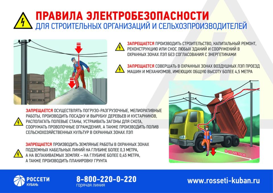 Ленинградский филиал #РоссетиКубань напоминает о необходимости соблюдения правил электробезопасности в охранных зонах ЛЭП