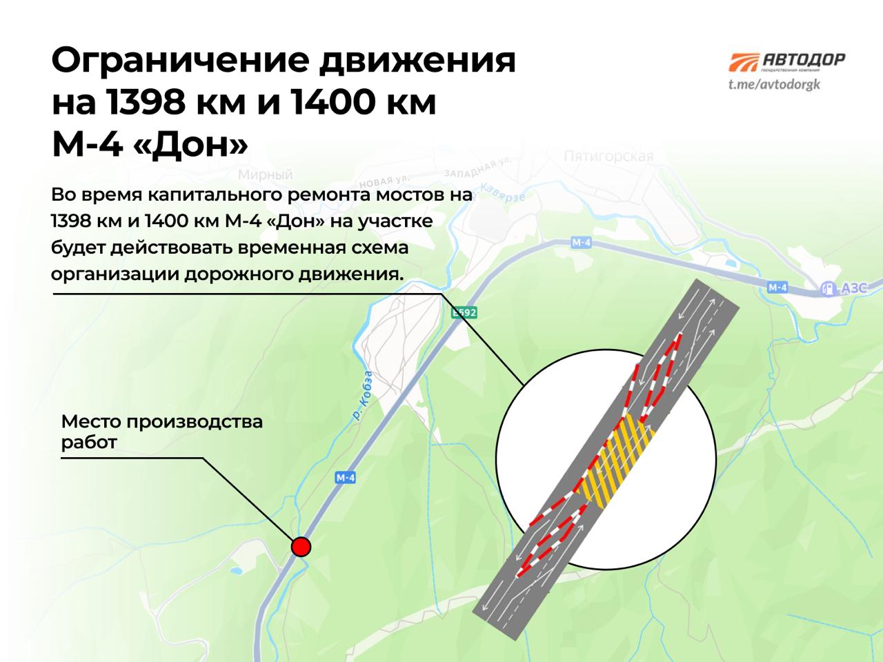 Внимание, водители. В рамках проведения работ по капитальному ремонту мостов через реку Каверзе на 1398 км и реку Кобза 1400 км в Краснодарском крае на участке будет действовать временная схема организации дорожного движения
