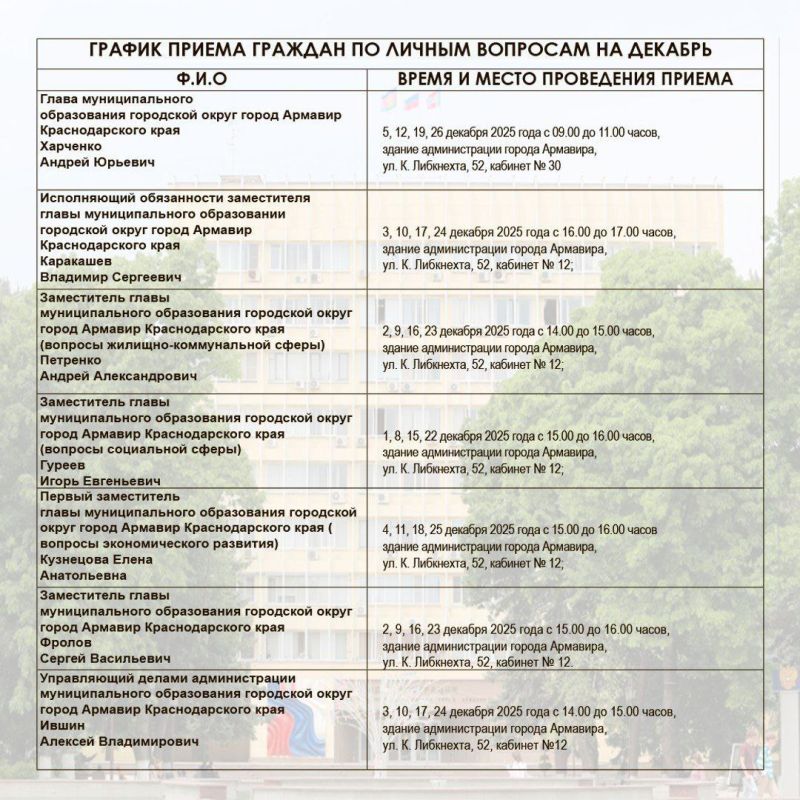 ГРАФИК ПРИЕМА ГРАЖДАН ПО ЛИЧНЫМ ВОПРОСАМ ГЛАВОЙ МУНИЦИПАЛЬНОГО ОБРАЗОВАНИЯ ГОРОДСКОЙ ОКРУГ ГОРОД АРМАВИР КРАСНОДАРСКОГО КРАЯ И ЕГО ЗАМЕСТИТЕЛЯМИ НА ДЕКАБРЬ 2025 ГОДА