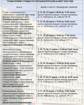 ГРАФИК ПРИЕМА ГРАЖДАН ПО ЛИЧНЫМ ВОПРОСАМ ГЛАВОЙ МУНИЦИПАЛЬНОГО ОБРАЗОВАНИЯ ГОРОДСКОЙ ОКРУГ ГОРОД АРМАВИР КРАСНОДАРСКОГО КРАЯ И ЕГО ЗАМЕСТИТЕЛЯМИ НА МАРТ 2026 ГОДА