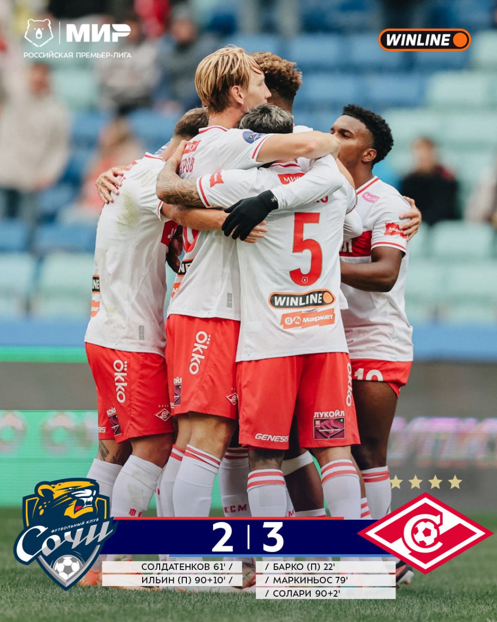 «Спартак» впервые победил в гостях «Сочи» в перенесенном из-за БПЛА матче