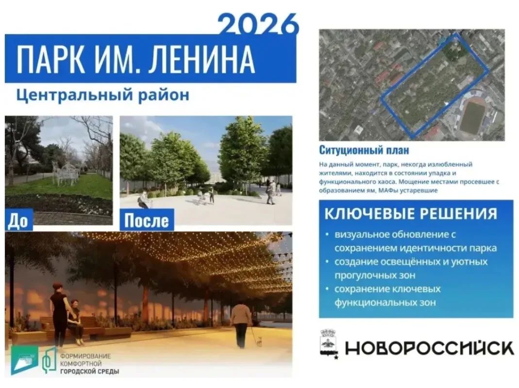 В Новороссийске по итогам всероссийского рейтингового голосования благоустроят парк имени В.И. Ленина