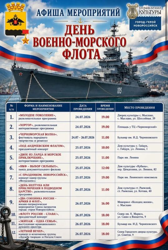 Жителей и гостей города-героя Новороссийска приглашают на мероприятия, посвященные Дню Военно-Морского Флота Жителей и гостей города-героя Новороссийска приглашают на мероприятия, посвященные Дню Военно-Морского Флота