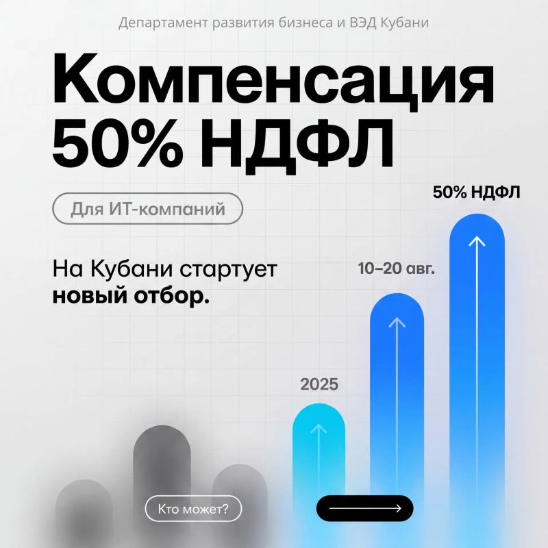 50% НДФЛ, уплаченного за сотрудников в 2025 году, смогут компенсировать аккредитованные ИТ-компании Краснодарского края