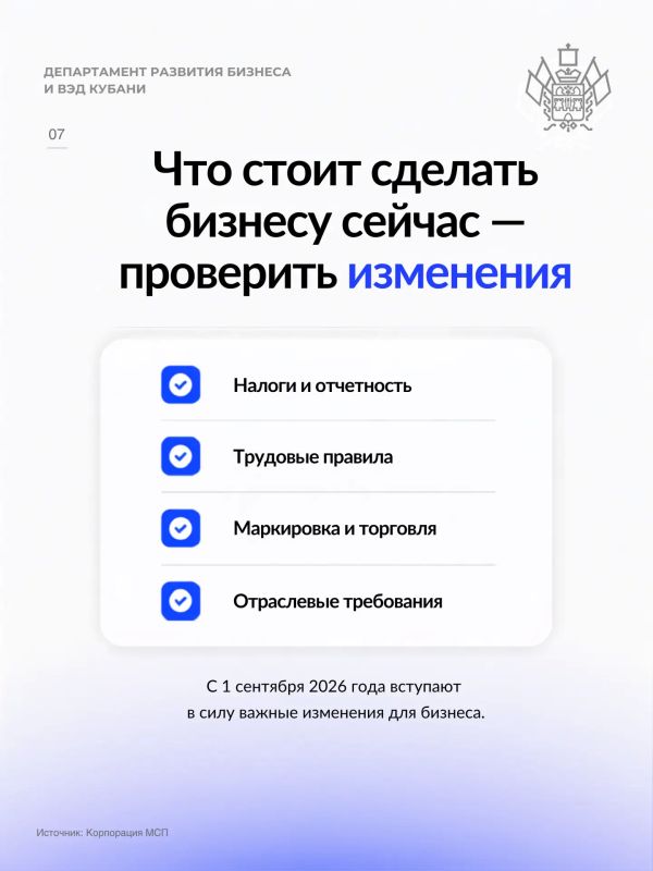 С 1 сентября 2026 года для бизнеса вступает в силу ряд изменений — в налогах и отчетности, трудовых отношениях, маркировке, торговле, грузоперевозках, строительстве, туризме и других сферах С 1 сентября 2026 года для бизнеса вступает в силу ряд изменений — в налогах и отчетности, трудовых отношениях, маркировке, торговле, грузоперевозках, строительстве, туризме и других сферах