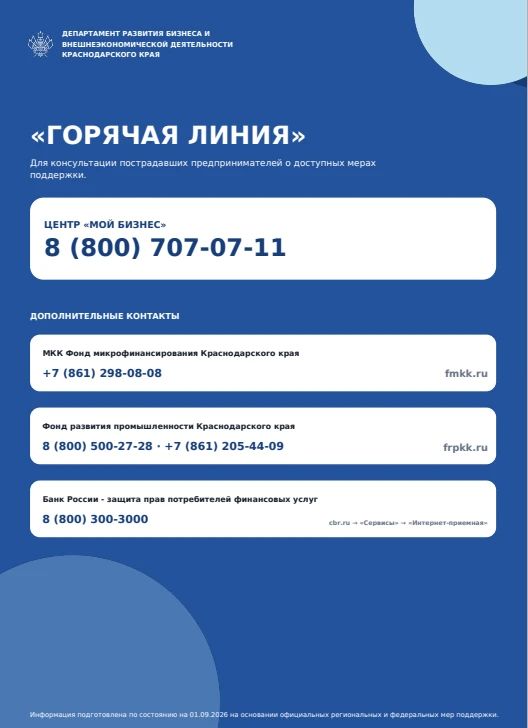 Департаментом развития бизнеса и внешнеэкономической деятельности Краснодарского края подготовлена информация о мерах федеральной и региональной поддержки субъектов предпринимательской деятельности Краснодарского края... Департаментом развития бизнеса и внешнеэкономической деятельности Краснодарского края подготовлена информация о мерах федеральной и региональной поддержки субъектов предпринимательской деятельности Краснодарского края...