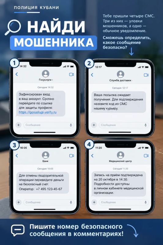 Найдите мошенника!. Подготовили для вас небольшую задачку: перед вами четыре СМС, но только одно из них безопасное