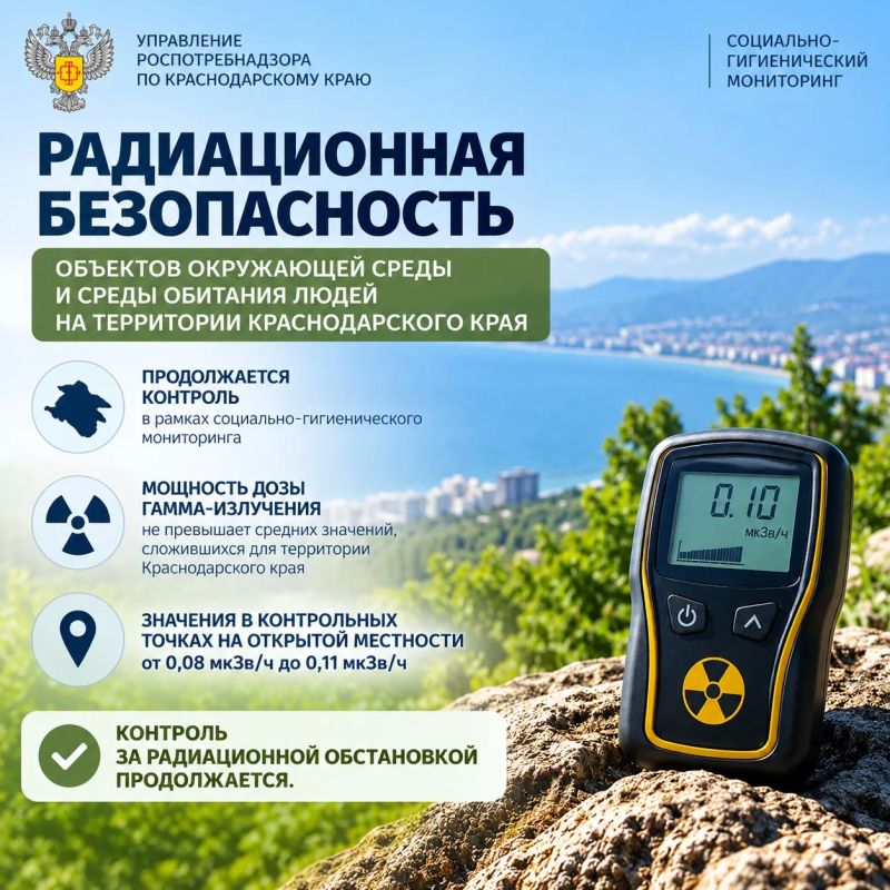 В рамках социально-гигиенического мониторинга на территории Краснодарского края продолжается контроль за показателями радиационной безопасности объектов окружающей среды и среды обитания людей